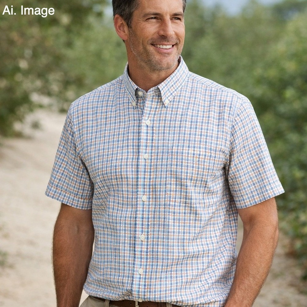 Orvis Mens Active Fit Wrinkle Free Short Sleeve Gingham Button Down Shirt Blue L